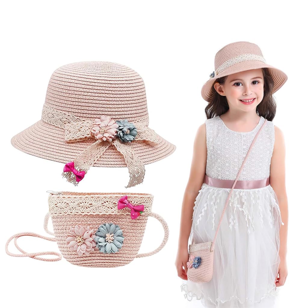 SNOWIE SOFT® Straw Hat for Kids Hat for Girls Summer Sun Hat with Mini Shoulder Bag Combo, Toddler Wide Brim Straw Girls Cap Floral Lace Bowknot Beach Hat for Girls Birthday Gift for 4-5 Years (Pink)