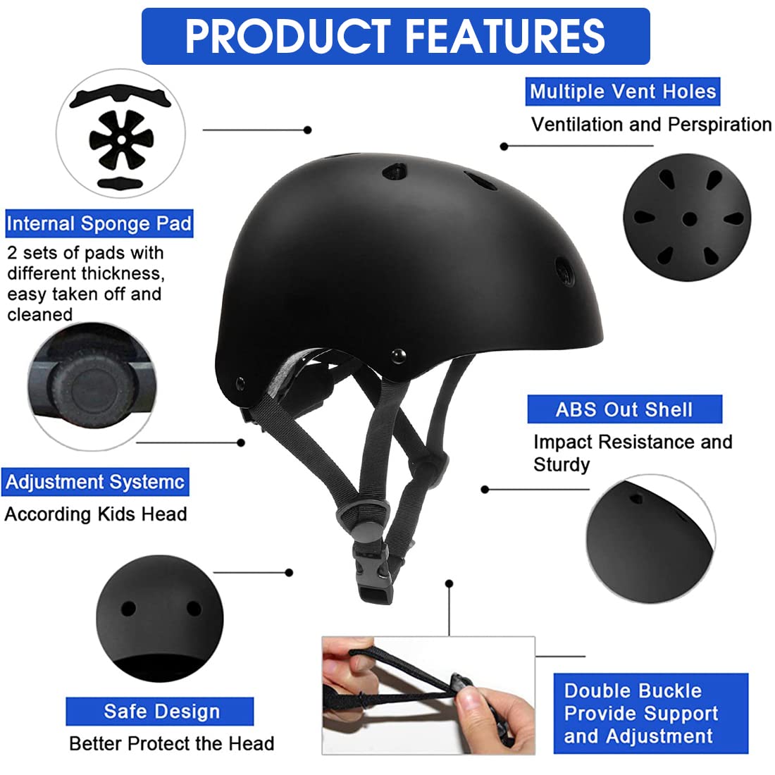 PROBEROS Cycling Helmet for Youth and Adults with Adjustable Straps and Ventilation | Black ABS Shell