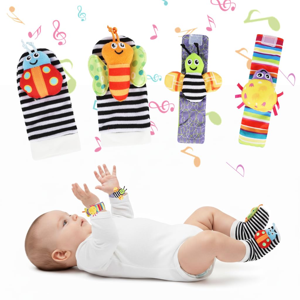 SNOWIE SOFT Baby Rattle Socks Set with Wristband Plush Toys for Infant Sensory Play