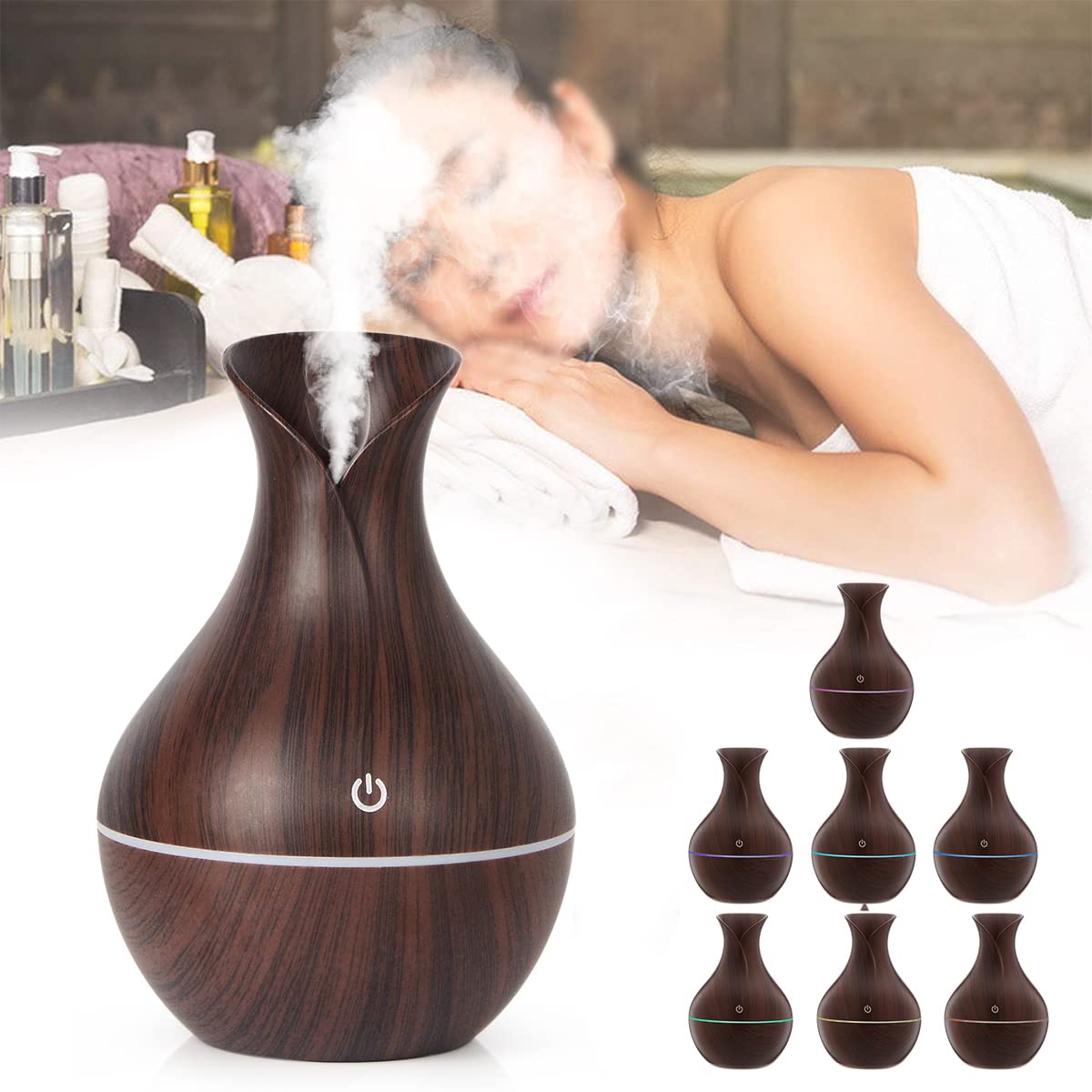 HANNEA Humidifier for Room featuring 7 Color LED Light and Touch Switch | 130ML Wood Grain Vase Design