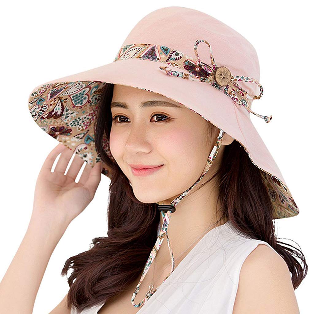 PALAY Womens Sun Hat for Beach and Garden with 4 in Wide Brim UPF 50+ Foldable Pink Hat