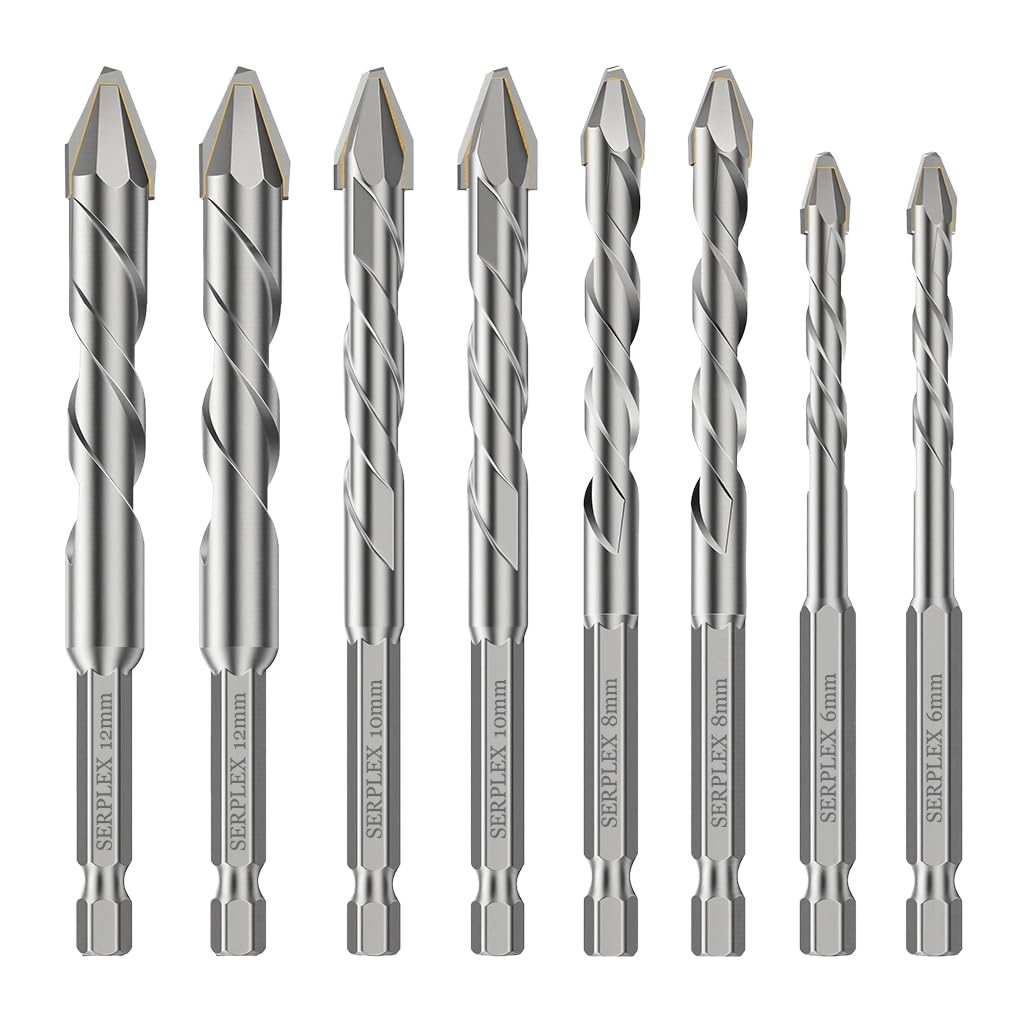 Serplex Cemented Carbide Drill Bits Set for Concrete and Masonry with 1/4 Inch Hex Shank | 8Pcs Sizes 6mm to 12mm