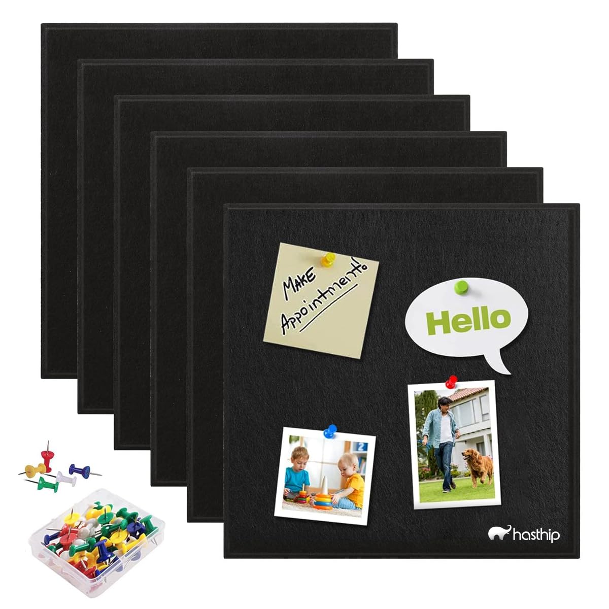 Climberty Felt Bulletin Board for Home with 6 Self Adhesive 30x30cm Panels and 50 Pins | Black