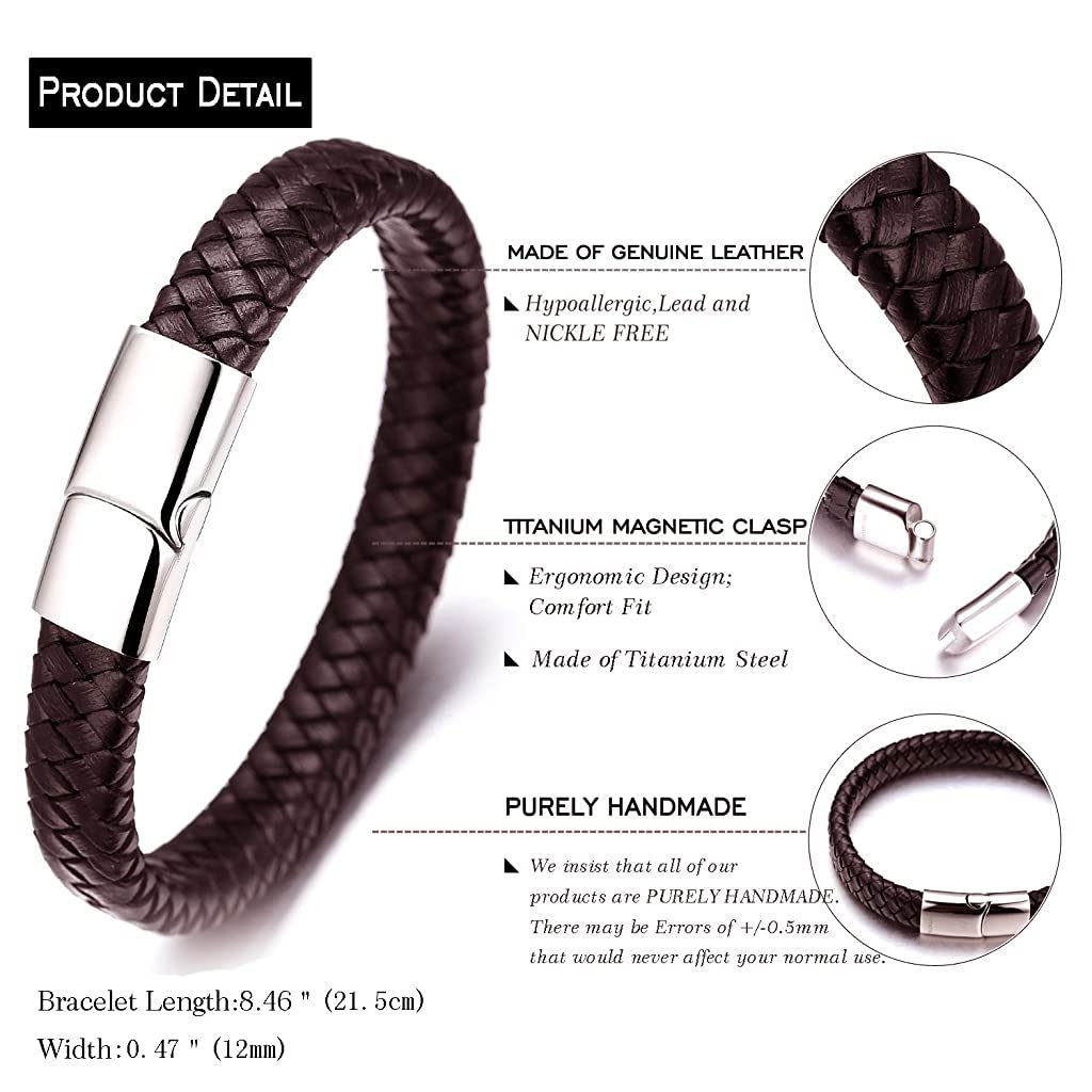 Zibuyu Bracelet for Men with Magnetic Clasp and Braided Genuine Leather 8.46 in Brown | 3 Pcs Set