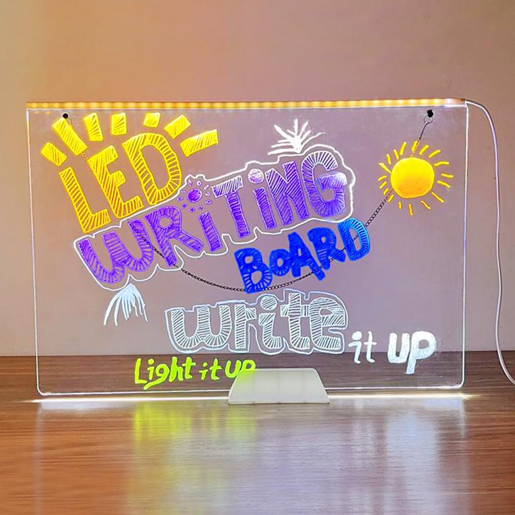 Climberty® Hanging 3D Acrylic Writing Board with 7 Color Pen, 11.8'' X 7.9'' Light up Dry Erase Board LED Message Board with Hanging Chain, Reusable Welcome Board Writing Board for Shop, Home, Office