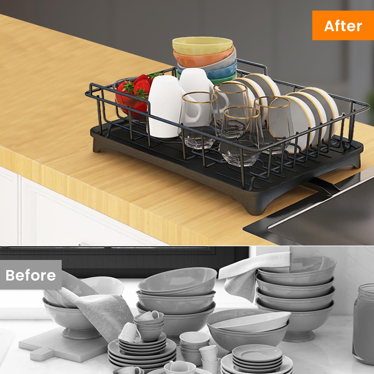 Supvox Dish Drying Rack 42x30x13 cm for Kitchen with Drainage Spout and Metal Cutlery Holder