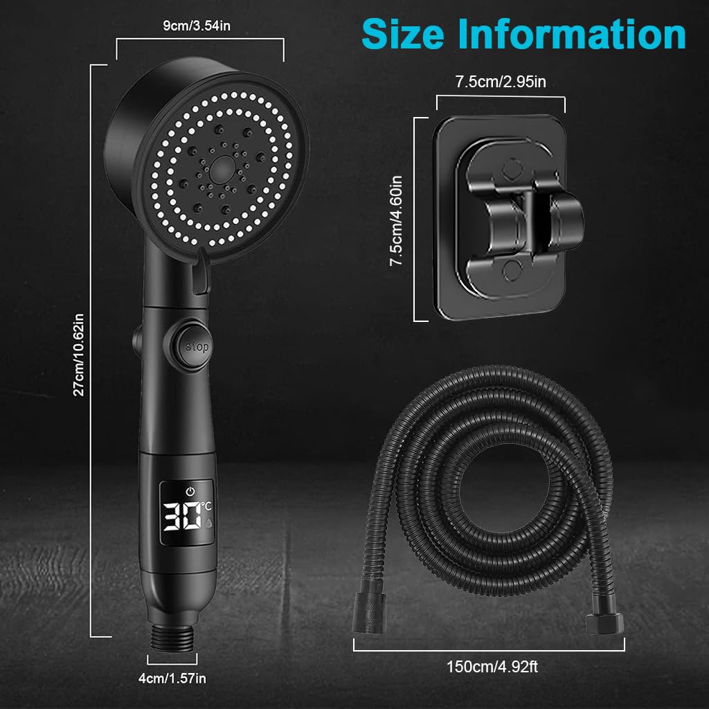Serplex Handheld Shower Head with 5 Spray Modes and LED Temperature Display | 1.5m Hose