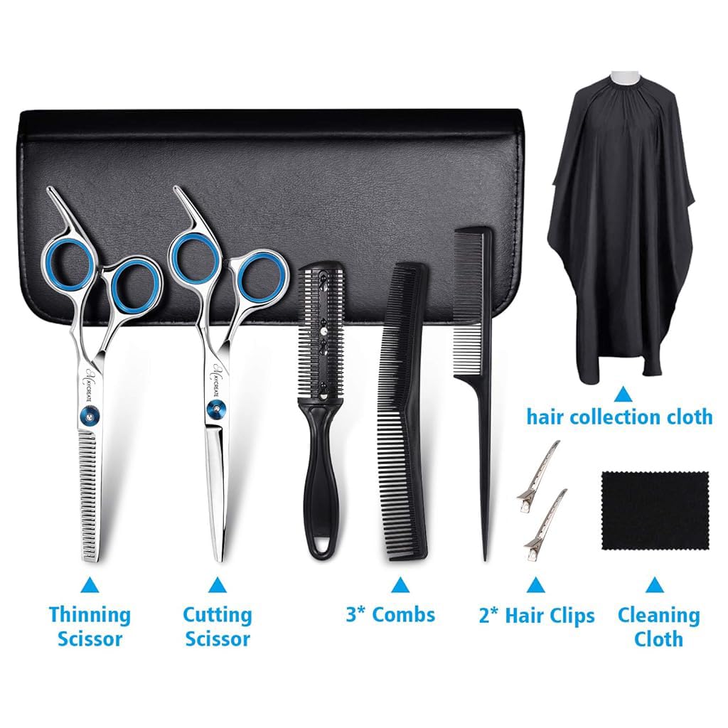 ELEPHANTBOAT® Professional Hair Cutting Barber Scissors Kit,6.7 Inch Hairdressing Scissors with 3 Combs,Haircut Cloak and Hair Clips Hairdresser for Men and Women 9 Pcs