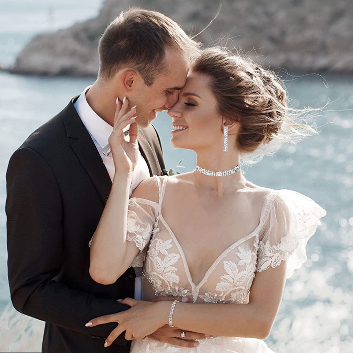 SANNIDHI Necklace Jewellery Set for Women with 12''+4.5'' Choker and Rhinestone Earrings | Adjustable Bracelet Gift Set