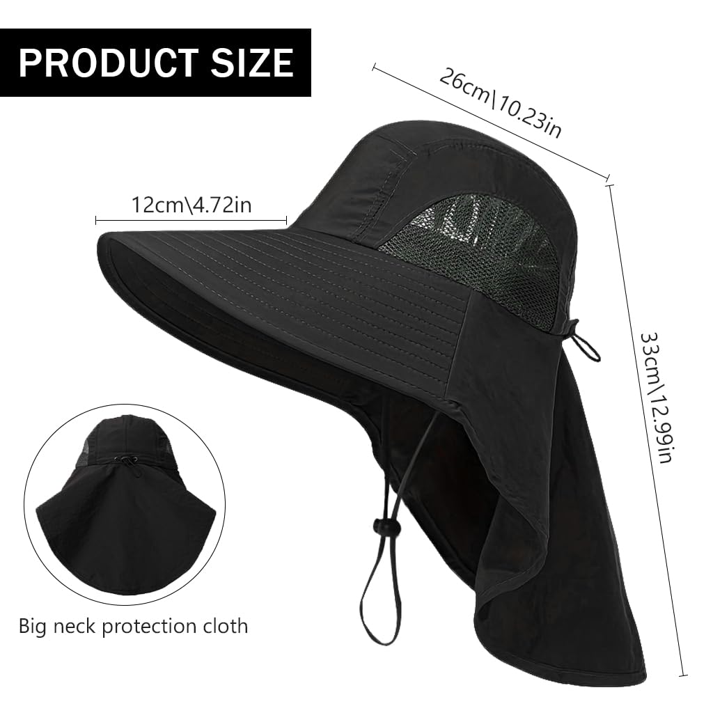 GUSTAVE Sun Hat for Hiking and Gardening with Wide Brim and Neck Flap UPF 50+ | Breathable Quick-Dry Polyester Adjustable Fit Black