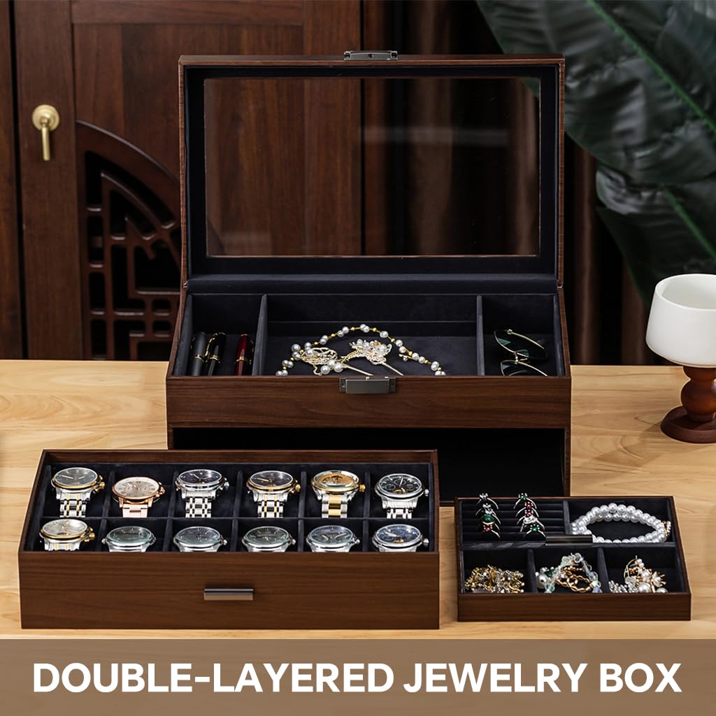 Zibuyu Watch Box Organizer for Jewelry with Double Layer Drawer and Clear Window Display