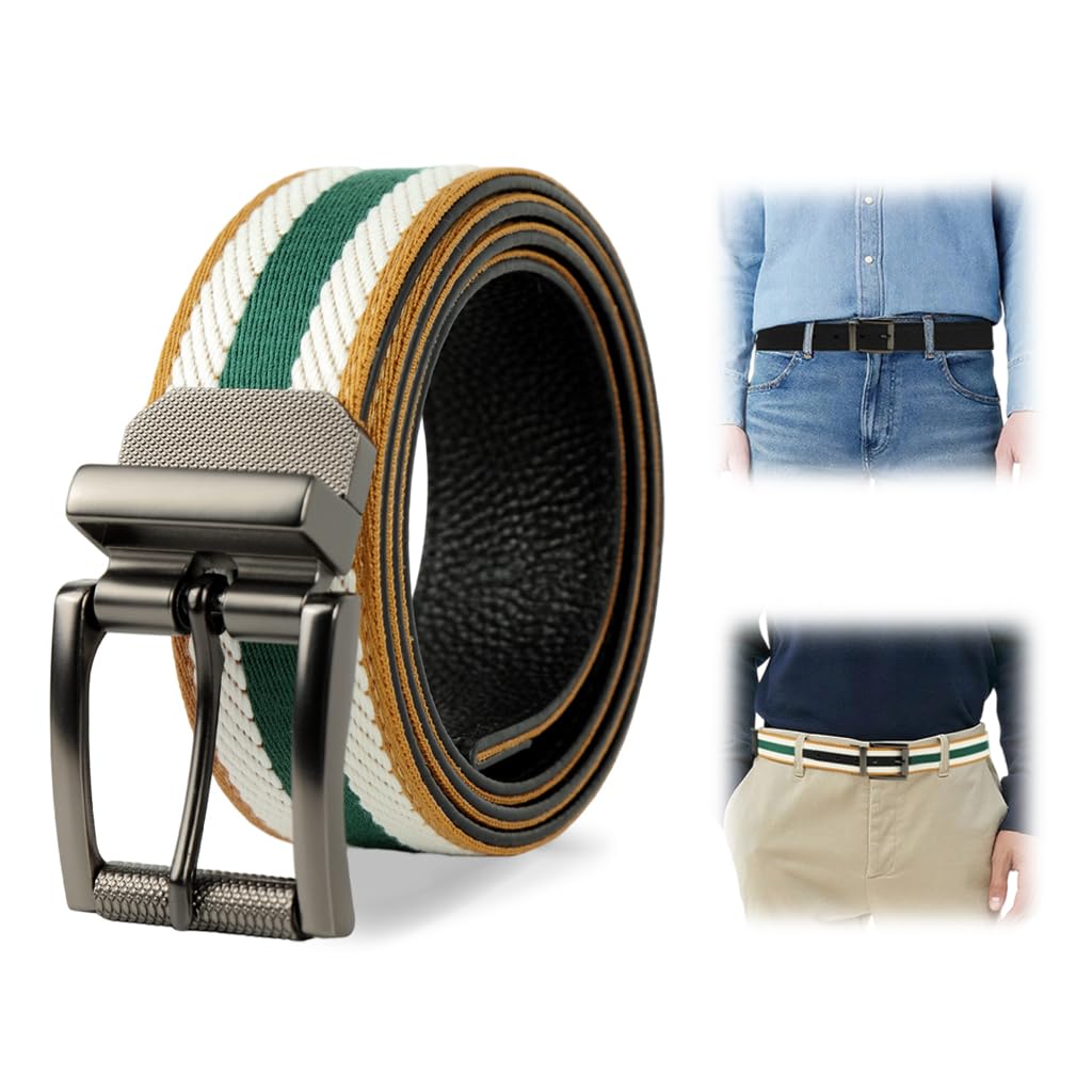 GUSTAVE Reversible Belt for Men featuring Alloy Buckle and 120cm Adjustable Length | Dual Sided PU Leather and Striped Design