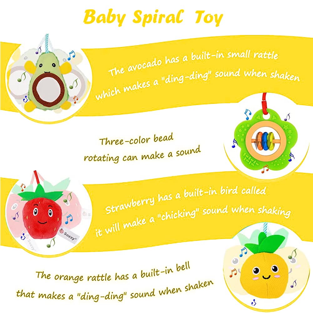 SNOWIE SOFT® Baby Soft Hanging Rattle Crinkle Squeaky Toy Car Seat Stroller Hanging Toys with Teethers Plush Fruits Mirror Toys Hangable on Crib Pramfor Infant Babies Boys and Girls 3 6 9 to 12 Months