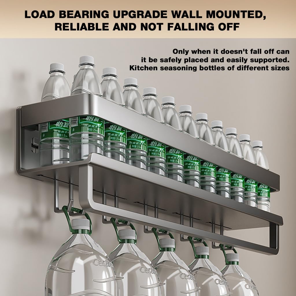 Supvox Wall Mount Spice Rack Organizer 23.6 in for Kitchen Use with No Drill Adhesive | Carbon Steel Rack with Hooks and Dish Towel Holder