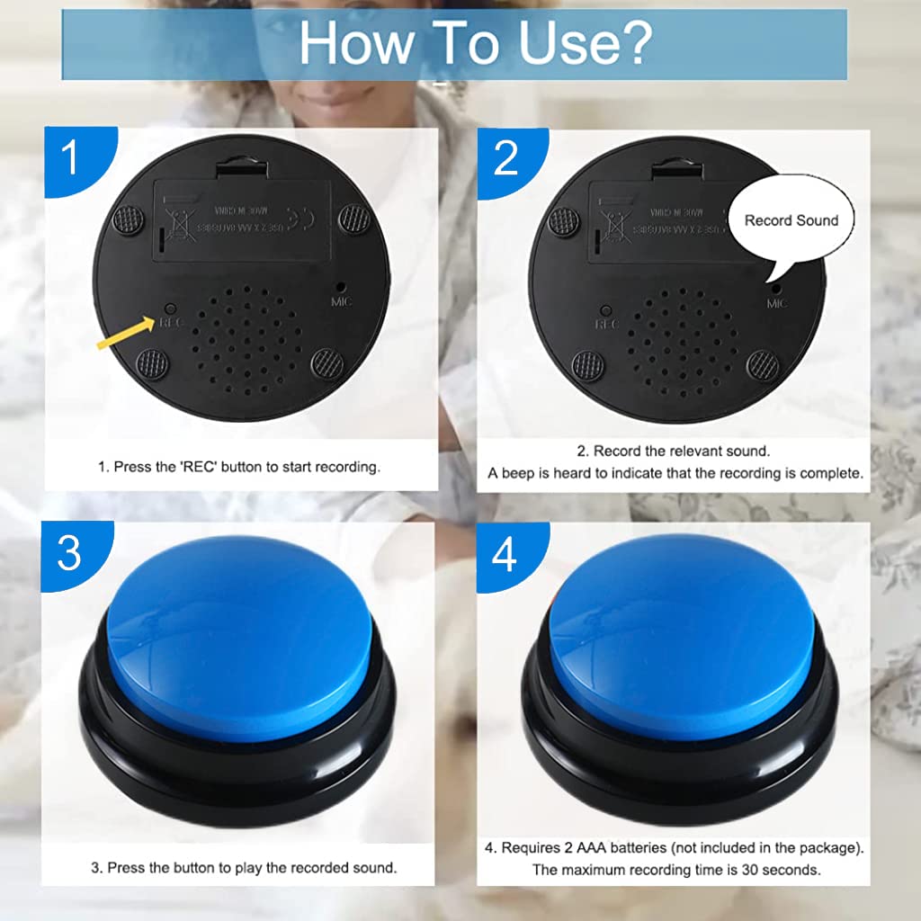 Qpets Interactive Dog Toys for Communication with 30 Second Voice Recording Buttons 2PCS Blue