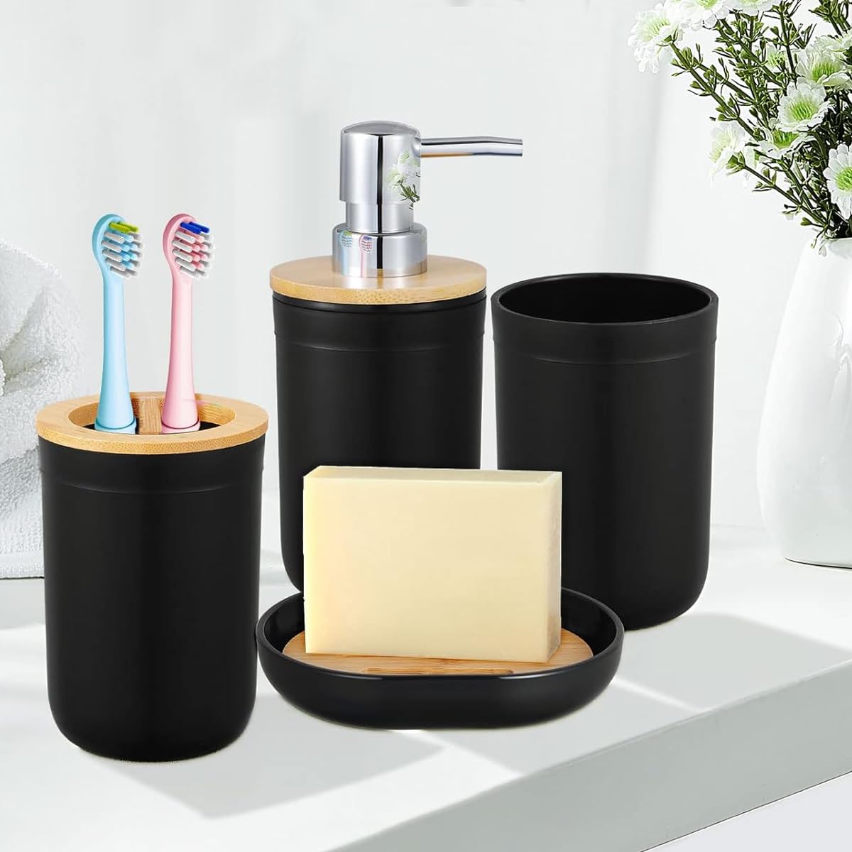 HASTHIP® 4PCS/Set Bathroom Accessories Set, Lotion Soap Dispenser, Toothbrush Holder, Qtip Holder Dispenser and Soap Dish-Modern Bathroom Decor Vanity Countertop Organizer