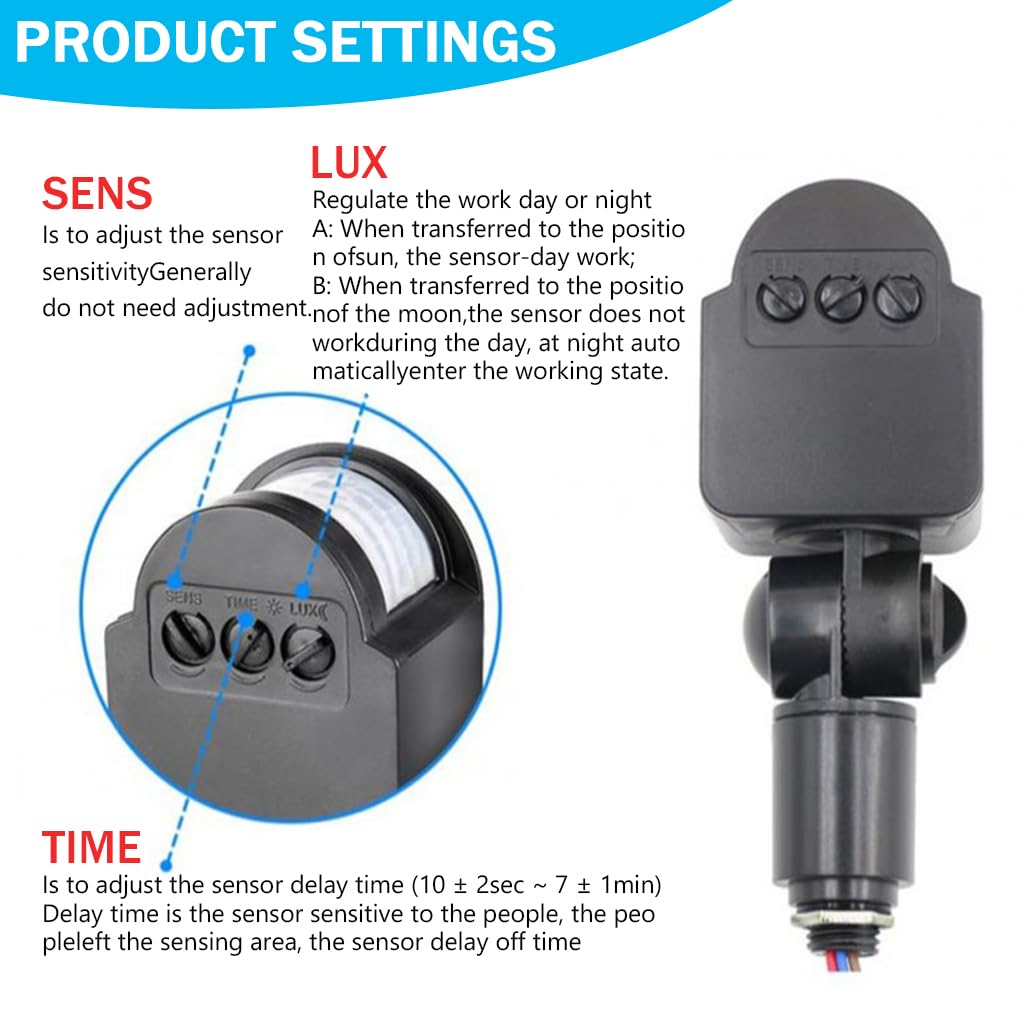 Serplex Motion Sensor for Lights with Adjustable Time Off and Energy Saving Night Mode | IP66 Waterproof for DIY Lamp Modification