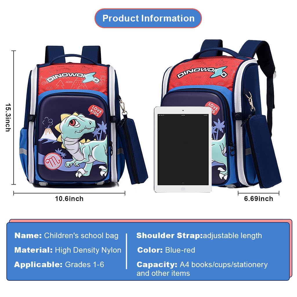 PALAY® Boys School Backpack Dinosaur Cartoon Backpack with Pencil Pouch Primary Bookbag Boys Backpack for School, Travel, Burden-relief Backpack School Gift