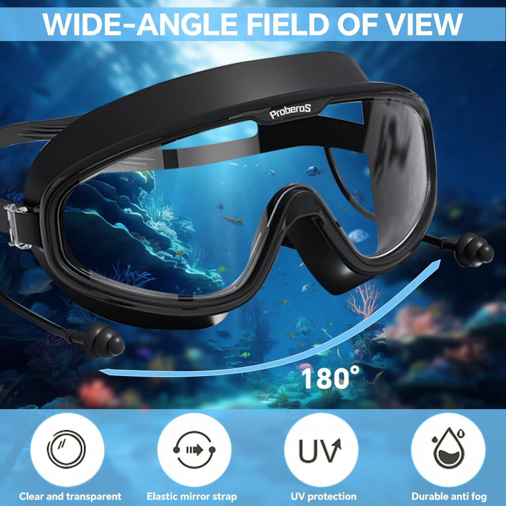 PROBEROS Swim Goggles for Men and Women with Anti-Fog Big Frame and Waterproof Earplugs | Black Silicone Adjustable Fit