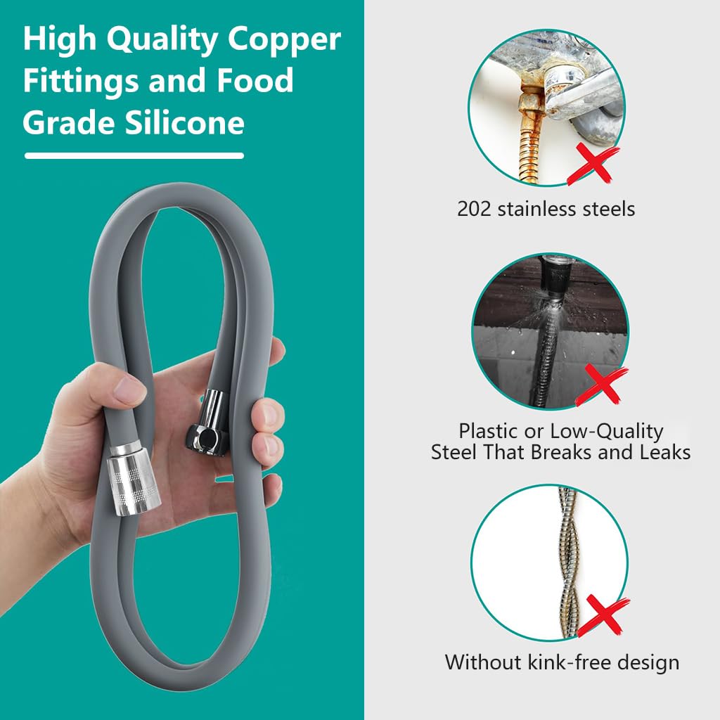 HASTHIP Shower Hose Pipe for Bathroom Upgrades with Copper Connectors and 1.5 m Flexible Silicone Tube | Grey Replacement