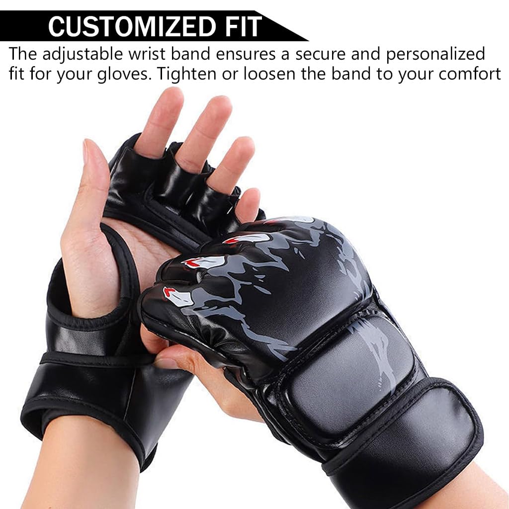 Proberos® Boxing Gloves Black Print MMA Gloves with Adjustable Wristband, Breathable Fingerless MMA Gloves for Boxing, Muay Thai and Sparring Sessions, Punching Gloves