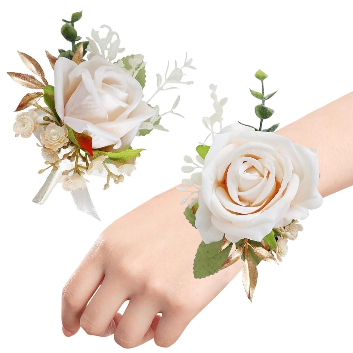 PALAY Wedding Rose Flower Corsage and Boutonniere Set for Bridesmaids and Groomsmen featuring White Artificial Roses with Ribbon | Elegant Keepsake Accessory