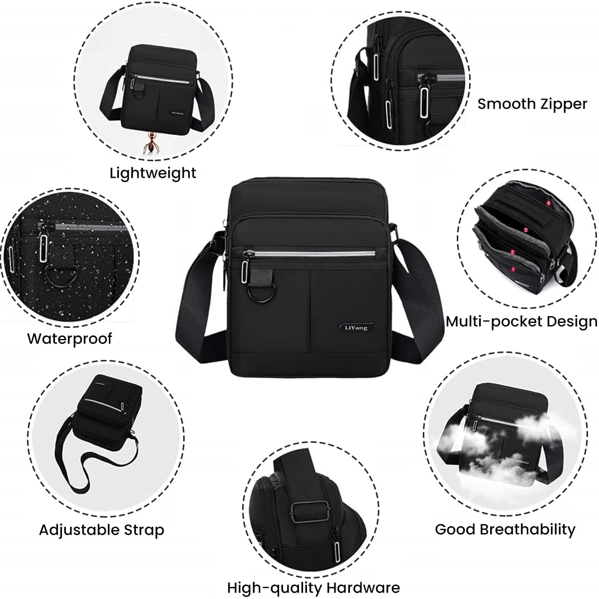 GUSTAVE Messenger Bag for Men with 20x12x26cm Compartments and Waterproof Oxford Cloth | Classic Black Crossbody for Travel and Daily Use