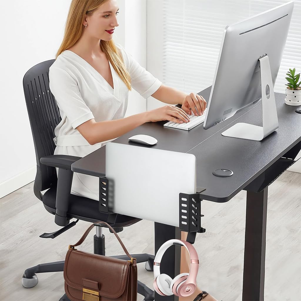 Zeitel Tablet and Laptop Holder for Desk Edge with Screw Mounting and Hooks | Aluminum Organizer