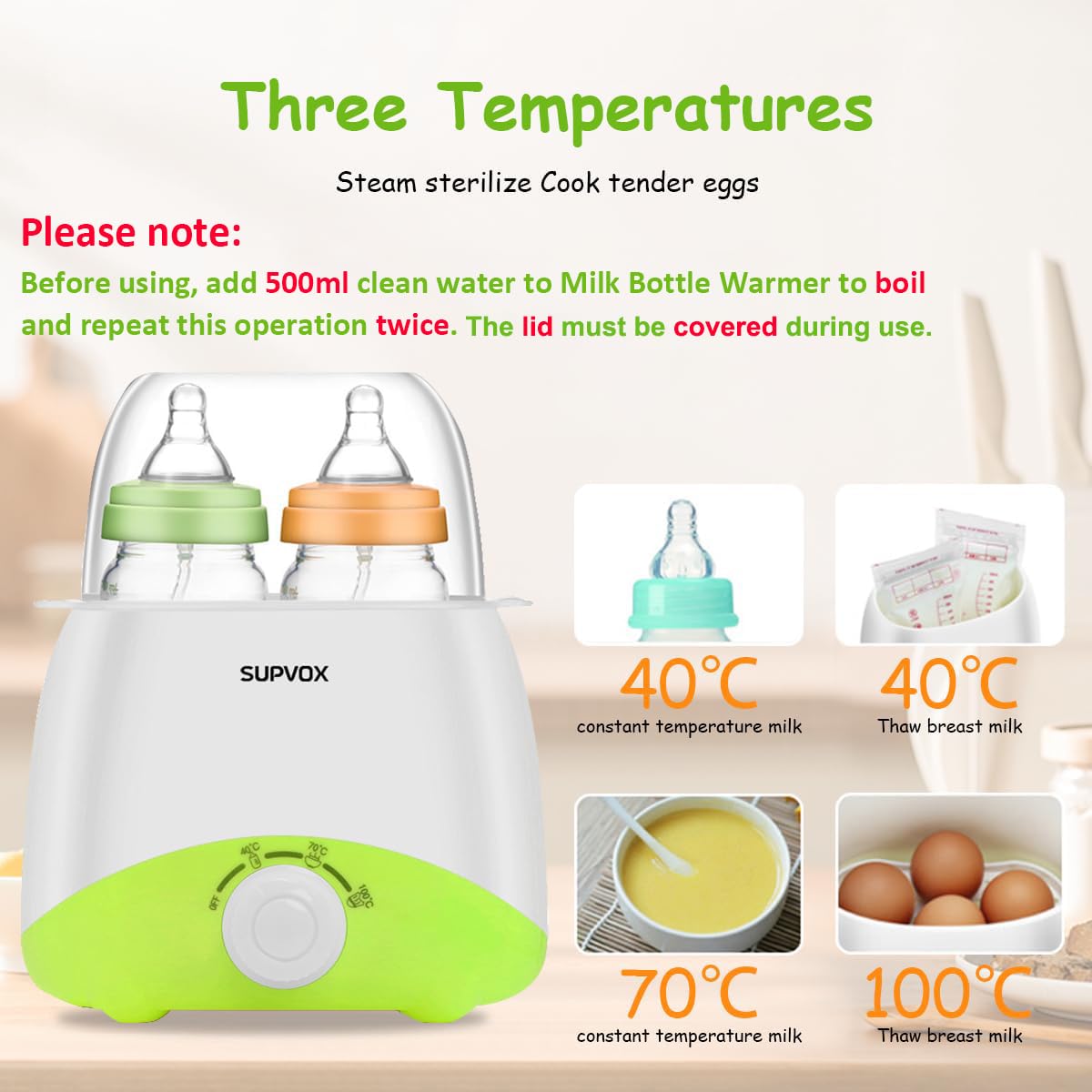 Supvox Bottle Warmer Sterilizer for Babies with 6 in 1 Double Design and 24H Keep Warm | Green