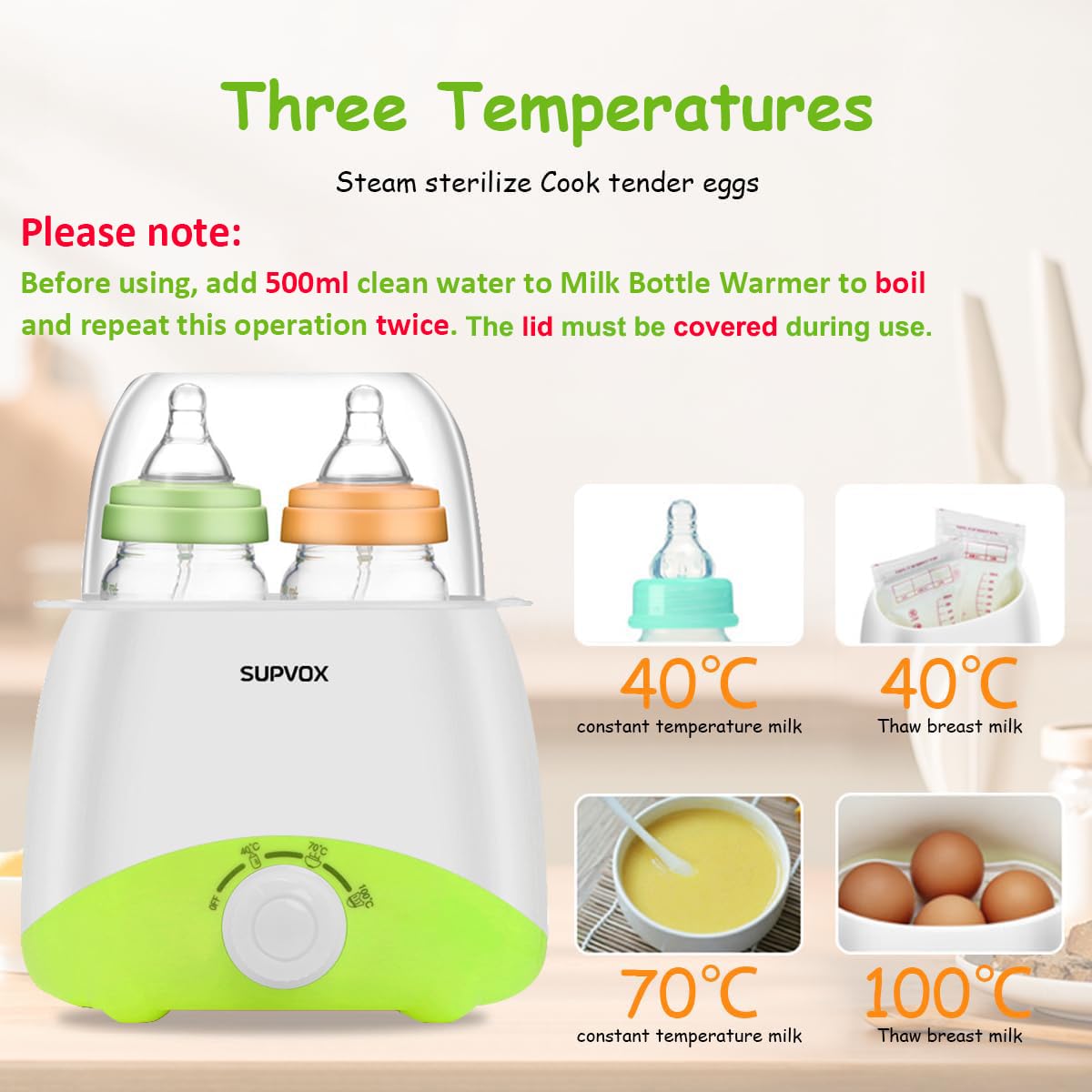 Supvox® Bottle Warmer for Babies Milk Electric 6 in 1 Sterilizer for Feeding Bottles with 8-15 Mins Fast Warming, 24H Keep Warm Food Heating Timer Adjustable Temp Baby Bottle Sterilizer Machine(Green)