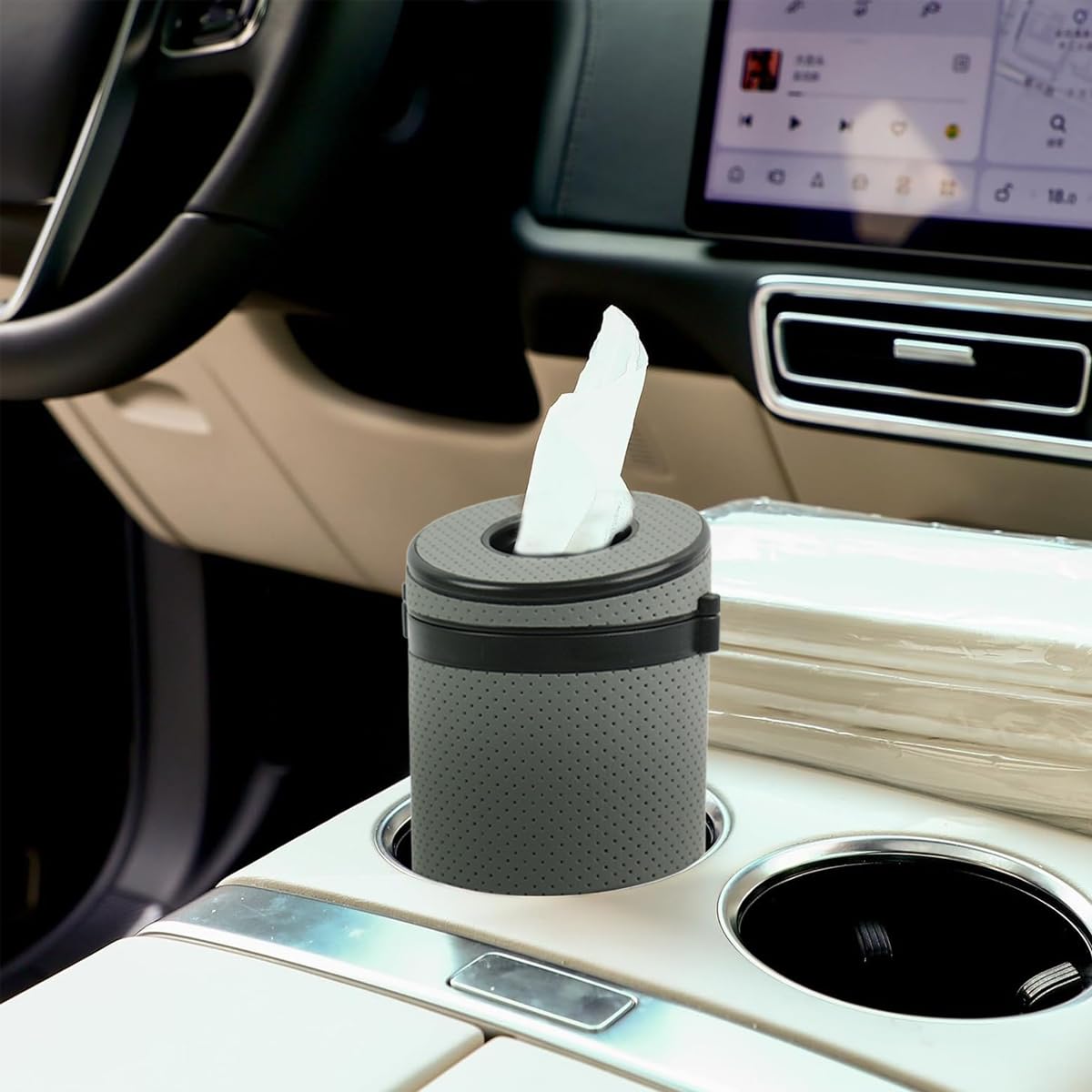 STHIRA Cylinder Car Tissue Holder for Cup Holder with 2.63 in Width and Window Breaker | PU Leather Design