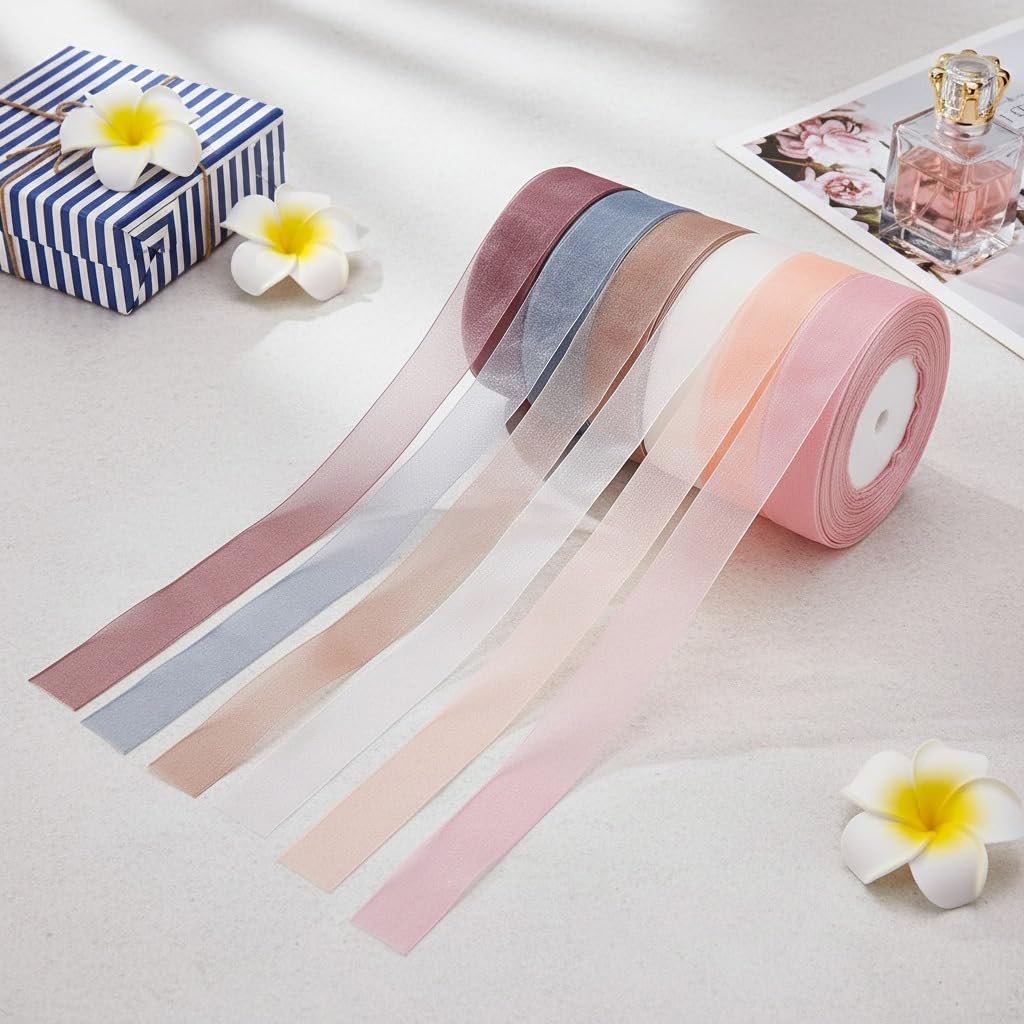 ZIBUYU Organza Ribbon Rolls for Gift Wrapping and Party Décor featuring 6 Multicolor Sheer Chiffon