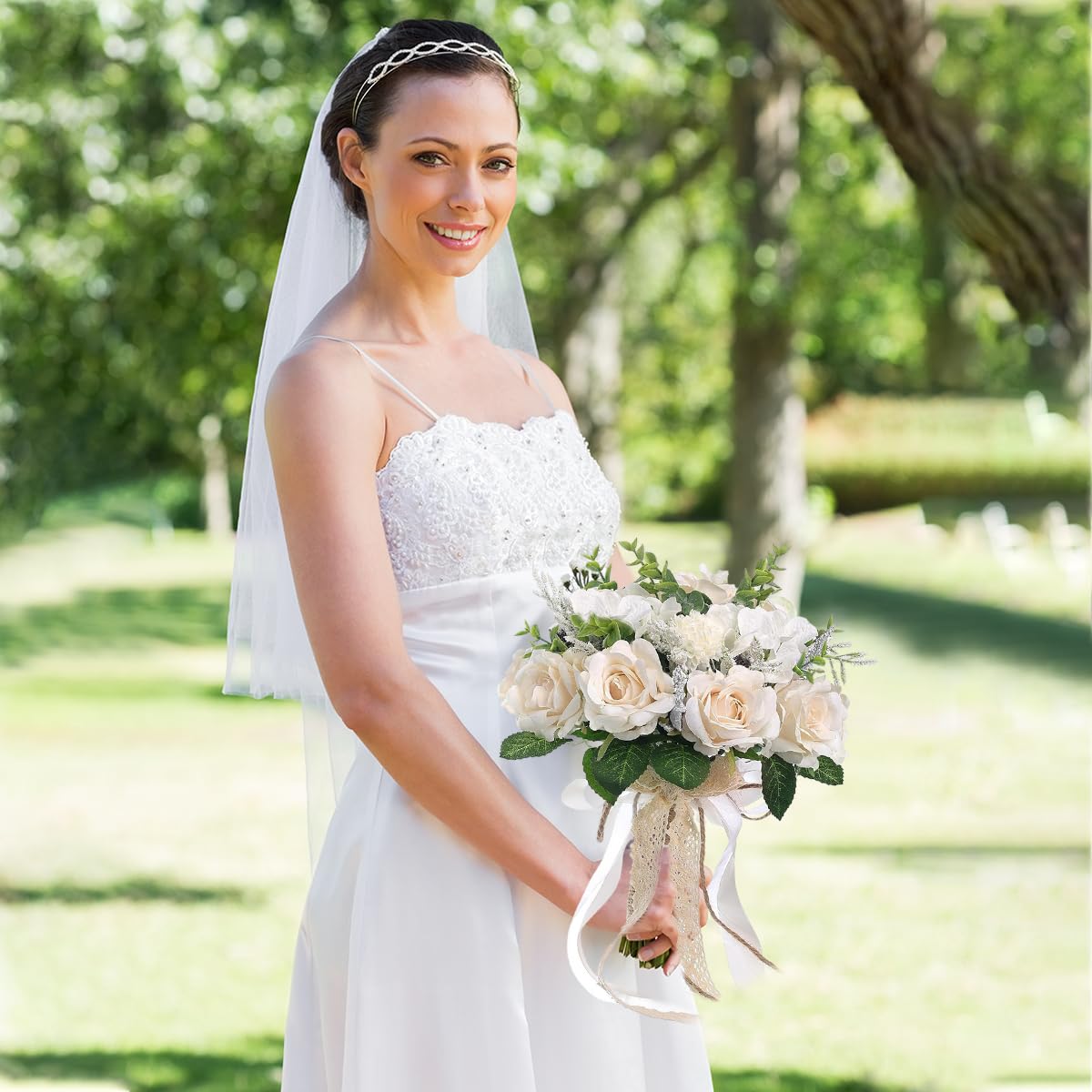Supvox Artificial Flowers Wedding Bouquet for Bride with Lace Bowknot and White Roses 8.26x10.2 in