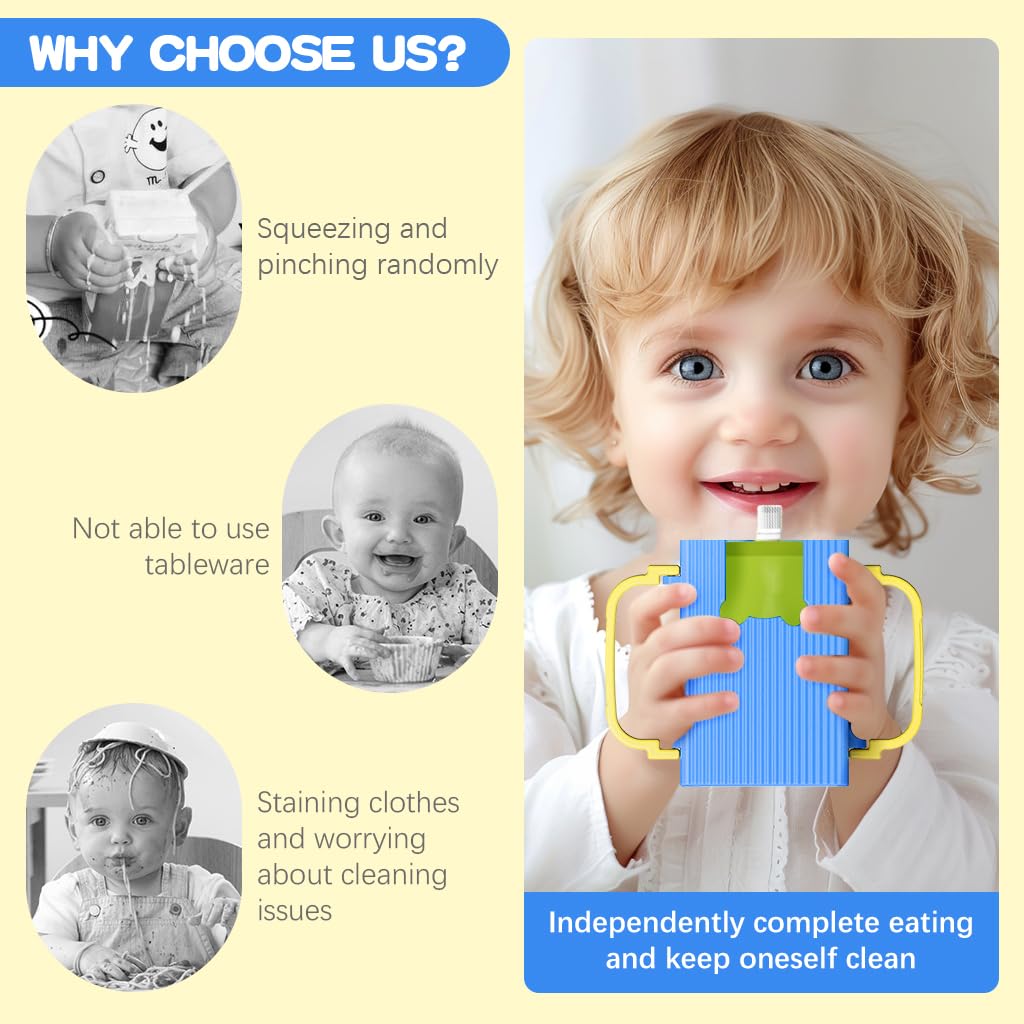 SNOWIE SOFT Retractable Baby Fruit Puree Pouch Holder for Home or Travel with 100–250ml Capacity and Folding Handles | PP Spill-Proof Design
