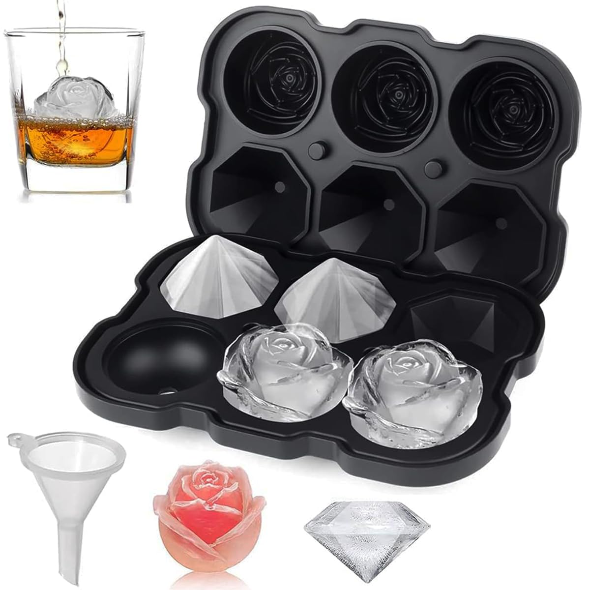 HASTHIP Silicone Ice Cube Trays for Cocktails and Whiskey with 2 in Rose and Diamond Molds | Easy Release Food Grade Design