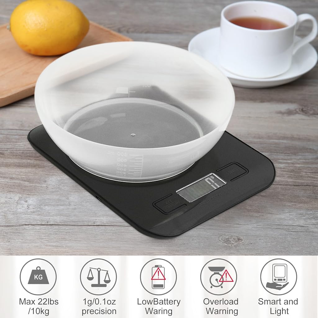 Supvox® LCD Kitchen Scale 10kg/1g Precision Digital Scale with Measuring Bowl & Stainless Steel Tray, USB Rechargeable Switchable Units, Backlit Display, Ideal for Baking & Cooking