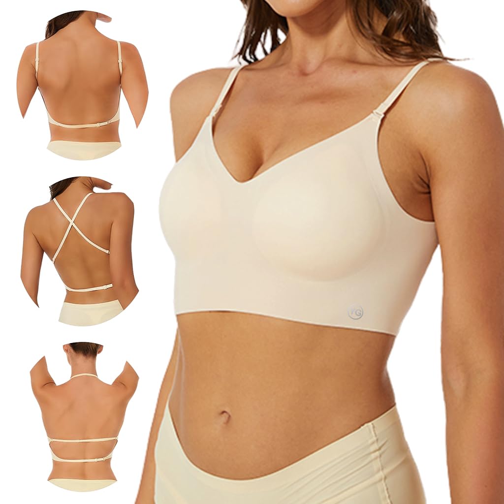 PALAY® Women's Low Back Seamless Bras Backless Multiway Convertible Adjustable Strap Halter Lifting Bra Spaghetti Strap Wire-Free with Padded Removeable, Beige, M