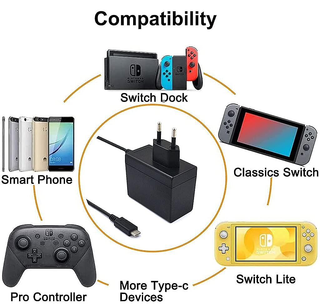 Verilux® Type C Cable Fast Charging via USB-C (Portable and TV Mode) Switch Power Adapter Fast Charger Switch Charging Cable for simultaneous Charging and Playing Your Switch Lite