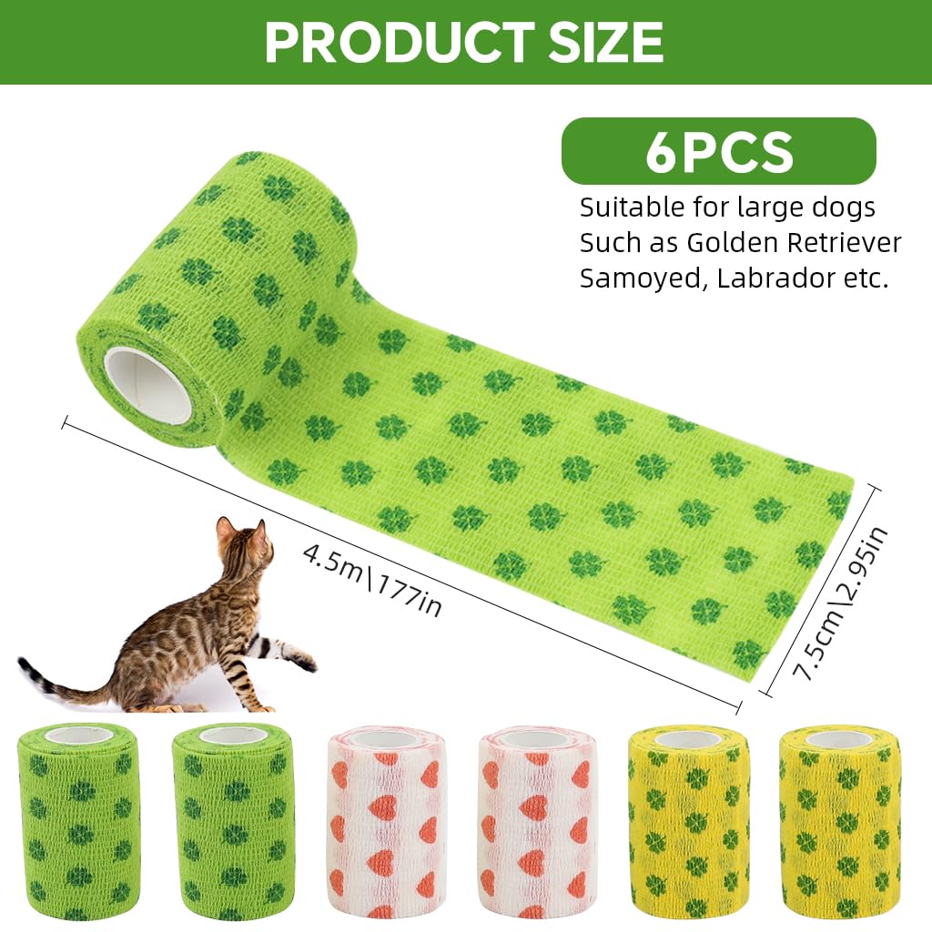 Qpets Pet Wound Care Bandage for Dogs and Cats with Bitter Anti-Lick Coating | 6 Rolls 7.5cm Self-Adhesive Stretchy Wrap