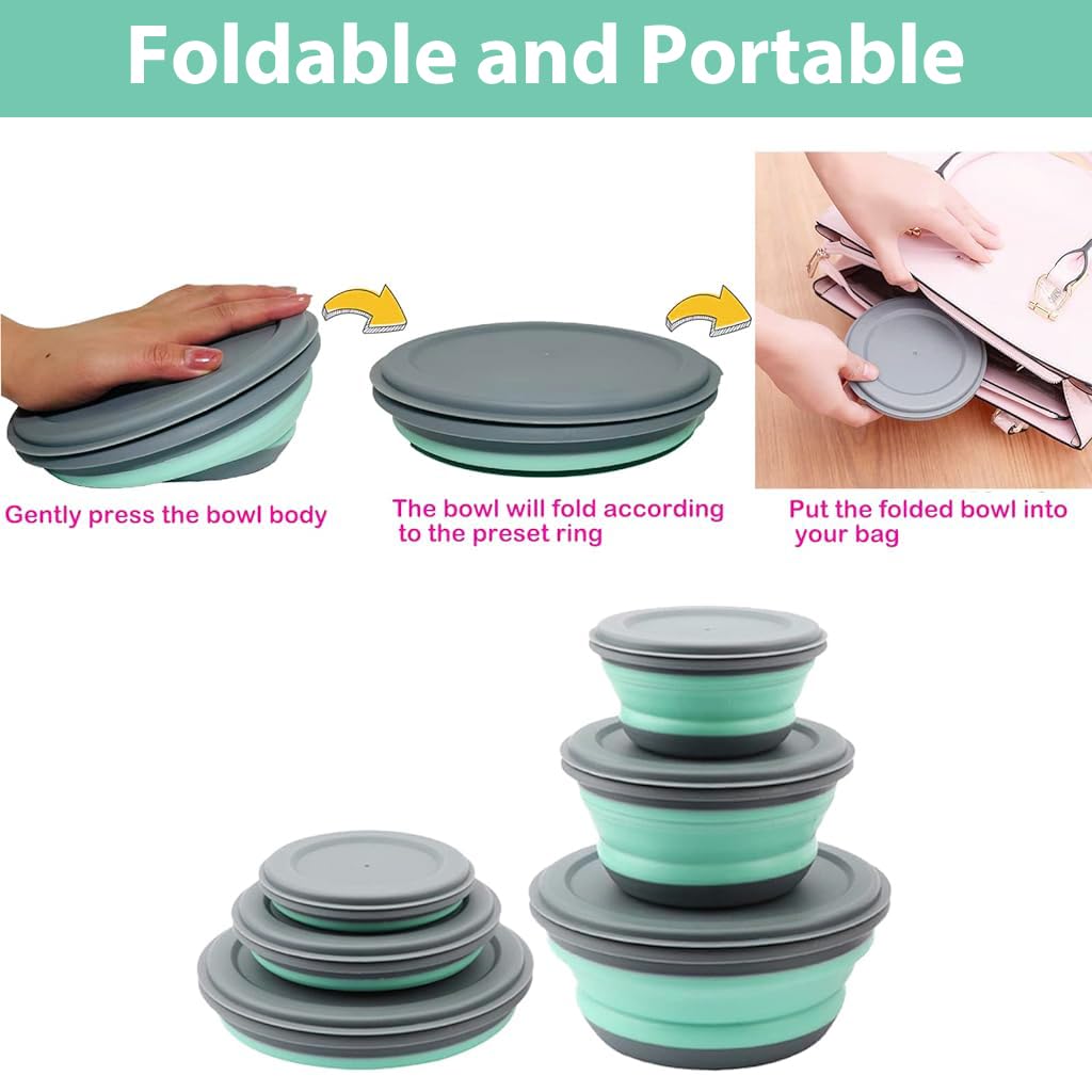 HASTHIP Collapsible Bowl Set for Camping and Travel featuring Leak Proof Lids and 3 Sizes 300ml 650ml 900ml