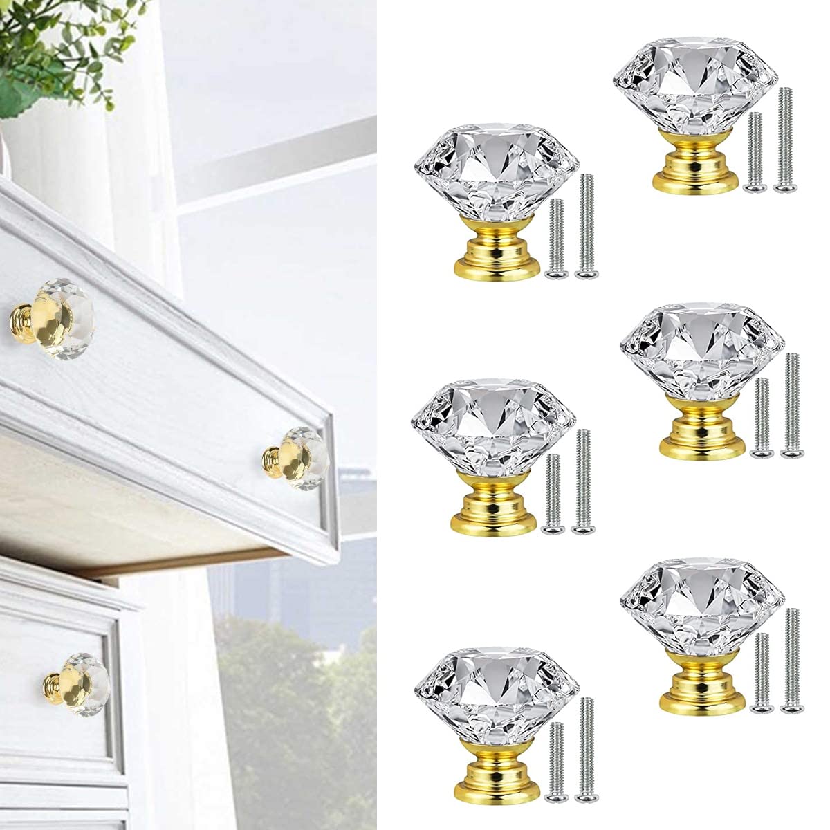 HASTHIP® 6 Pack Round Cabinet Knob Pull Handle, Crystal Knobs with Screws Kit for Dresser Drawers Glass Cabinet Knobs Diamond Shaped Drawer Knobs