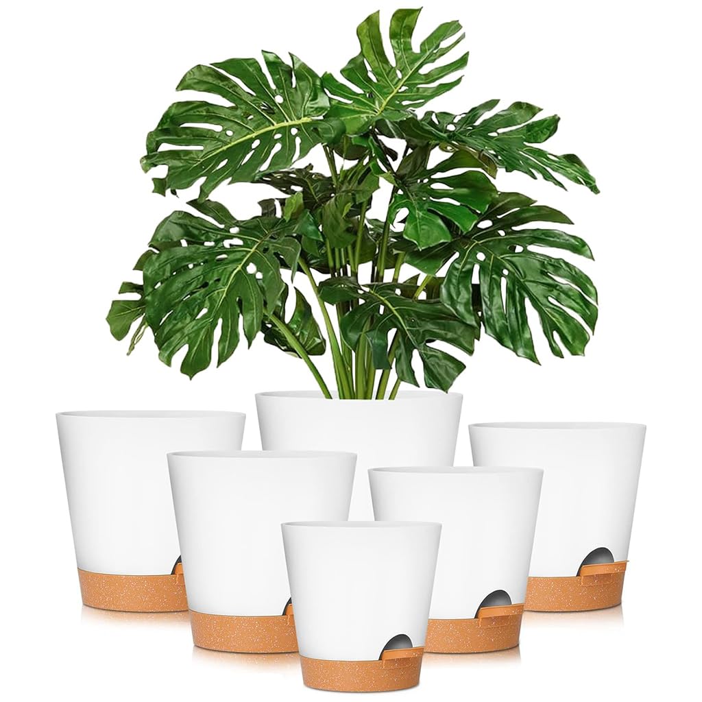 HASTHIP Self Watering Planters for Indoor and Outdoor Use featuring Drainage Holes and 6 Size Options | Recyclable Plastic Pots with Saucers in White
