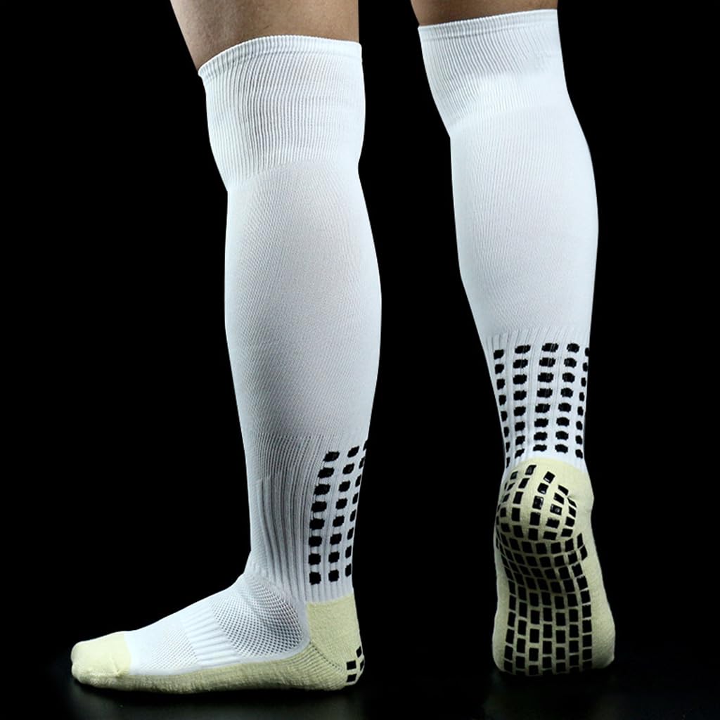 Proberos Football Socks for Running and Training with Non Slip Rubber Dots and Calf Compression | Breathable Cotton White Pair for Men and Women