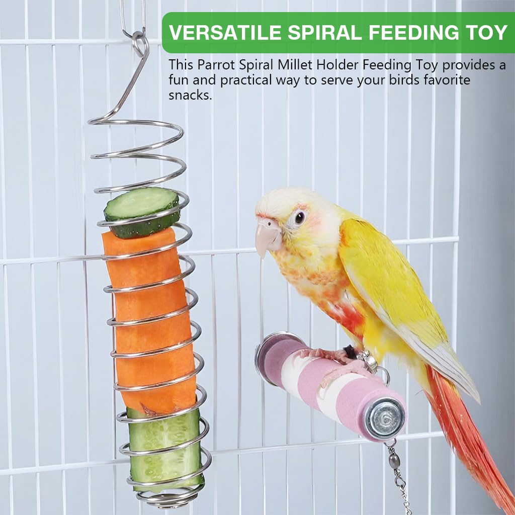 Qpets Parrot Spiral Millet Holder for Cage Feeding 9.5 x 1.8 in with Top Hook | Bird Enrichment Toy