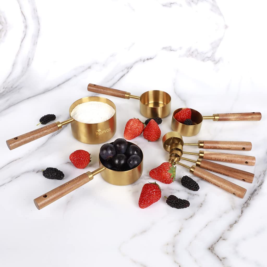 Supvox Measuring Cups and Spoons Set of 8 for Baking with Natural Wood Handles | Stainless Steel