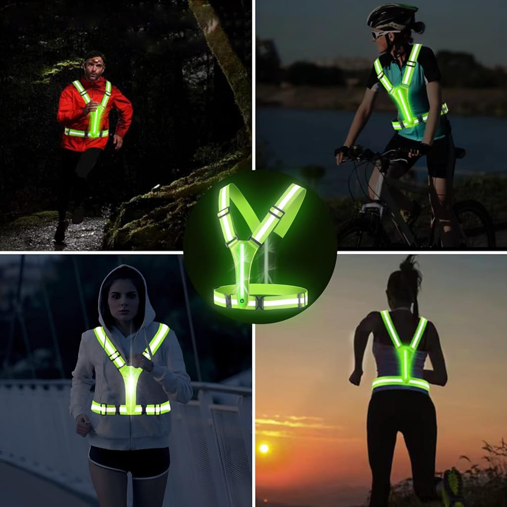 PROBEROS Safety Vest for Running and Cycling with USB LED 3 Lighting Modes | Adjustable Green Reflective Vest for Men and Women