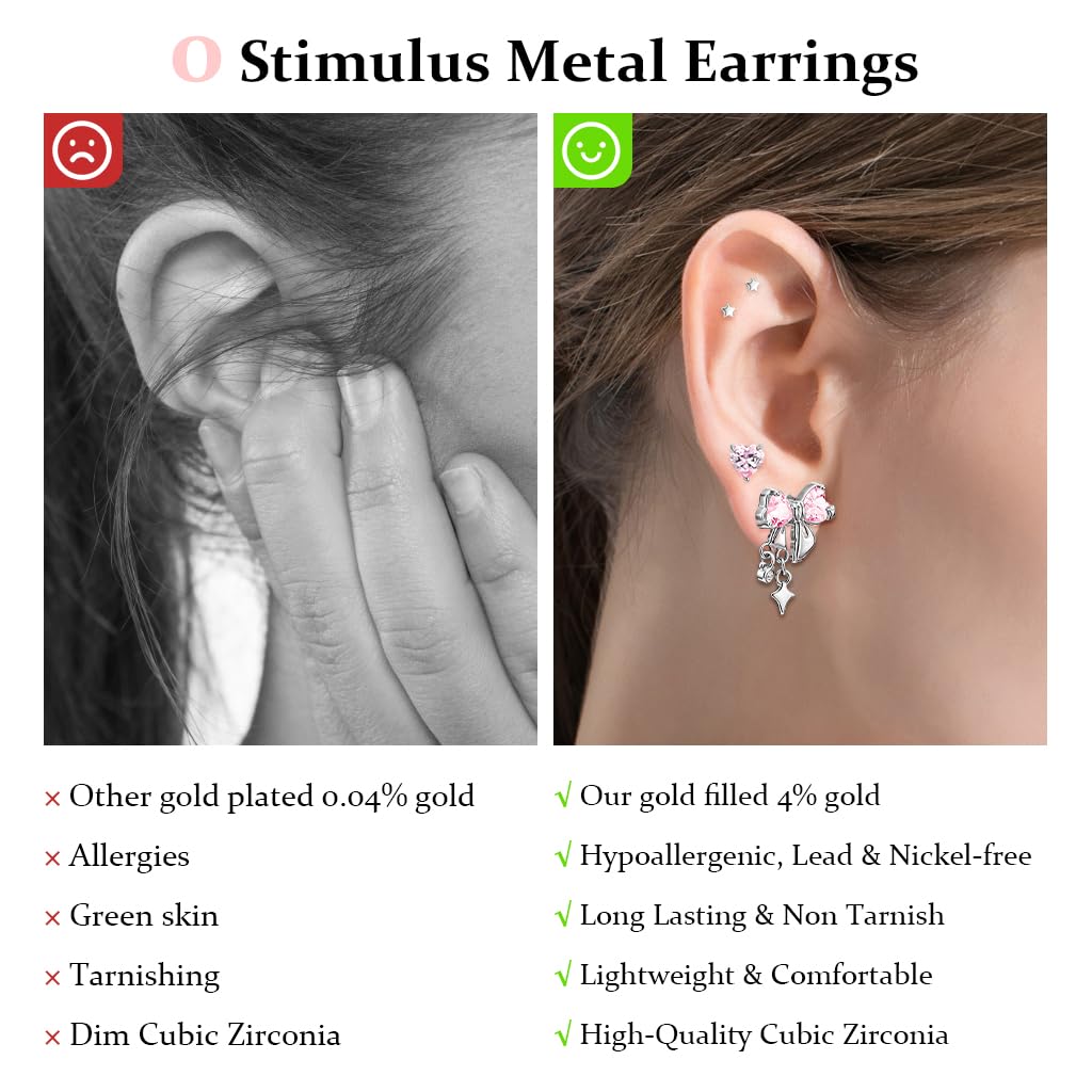 SANNIDHI Earrings Set for Women featuring 3 Pairs Stainless Steel Pink Rhinestone Bows | Hypoallergenic Studs for Multiple Piercings