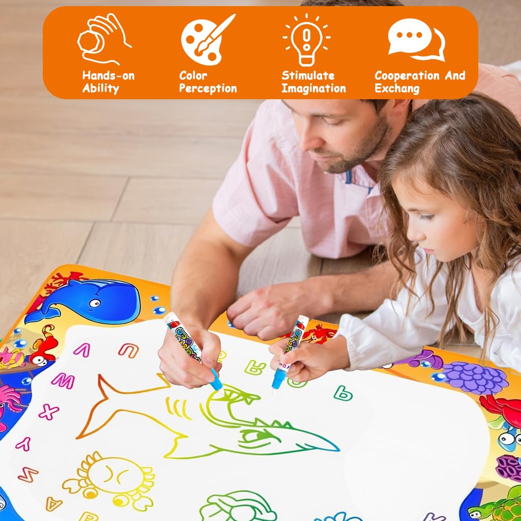 PATPAT Water Doodle Mat for Kids 39.3x27.5 in with Roller Stamps & Templates | Mess Free Drawing Playset