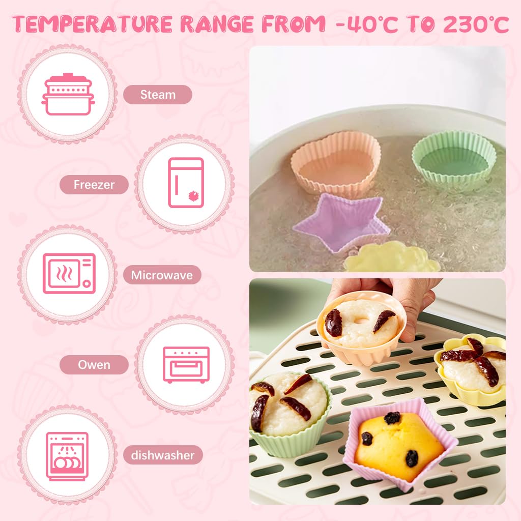 HASTHIP® 10Pcs Silicone Cake Molds 5 Designs Creative Kitchen Baking Cake Mold Sunflower Heart-shaped Star Cupcake Molds BPA Free Silicone Heat Resistant Silicone Molds for Cake, Chocolate, Jelly