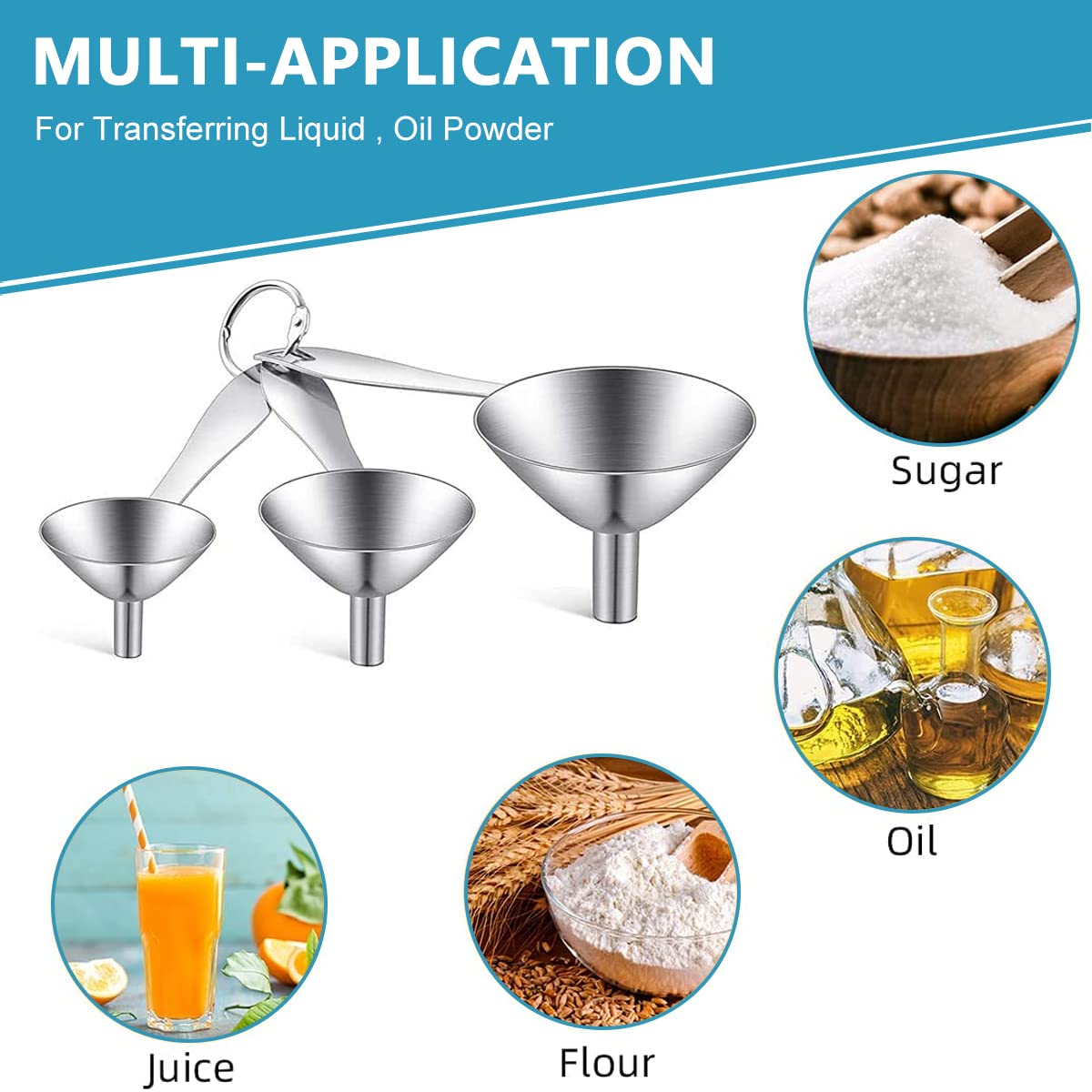 Supvox Stainless Steel Kitchen Funnel Set for Liquids and Spices with Long Handle | 3 Sizes 0.5in 0.8in 1.2in and 2 Cleaning Brushes